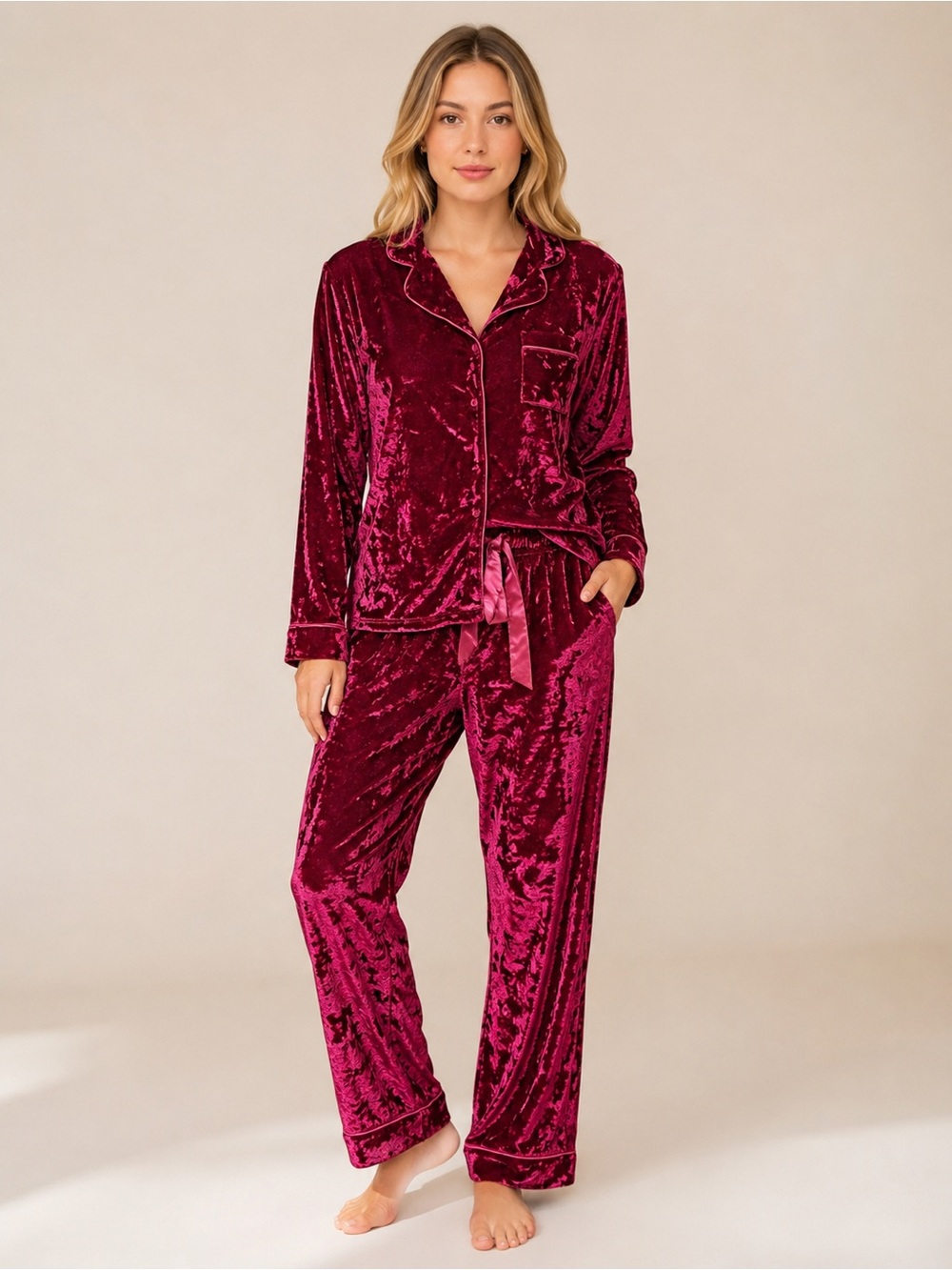 Lord & Taylor Large Pajama Set Velvet Crushed Velveteen Red Sleep Lounge Velour